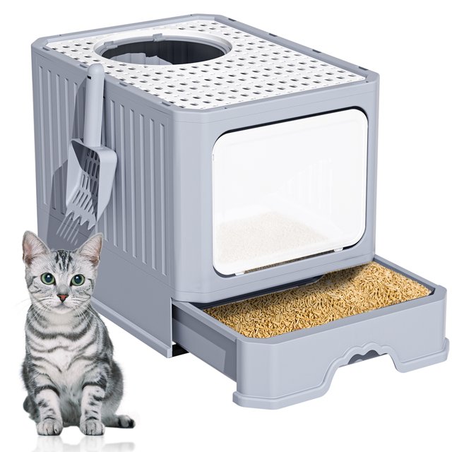 Foldable Cat Litter Box with Lid, Extra Large Front Entry Top Exit