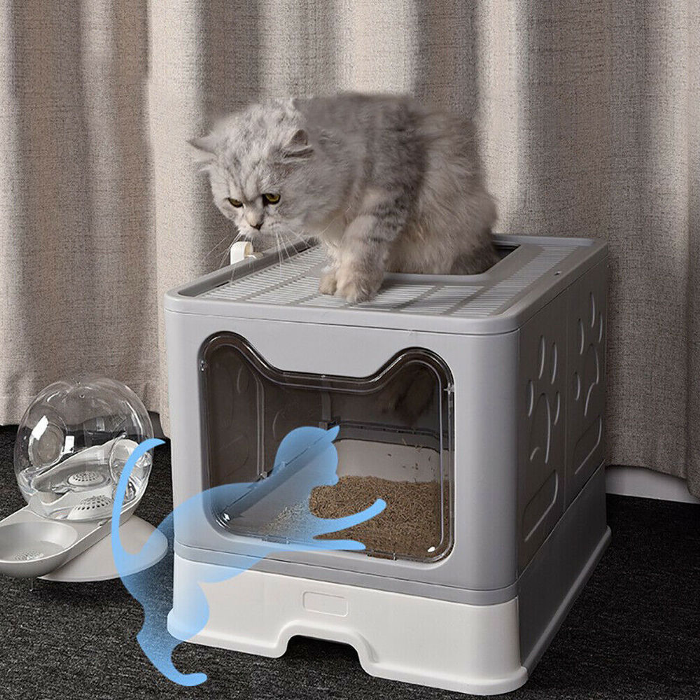 Foldable Cat Litter Box w/ Scoop & Drawer Tray Large Space Cat Litter