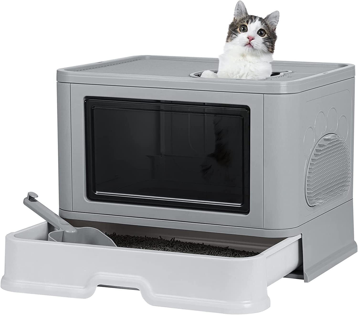 Large Enclosed Cat Litter Box With Lid - Foldable, Detachable & Easy Clean Grey Tray