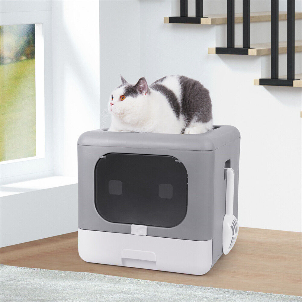 Foldable Cat Litter Box with Lid Extra Large Double Doors No Smell Cat