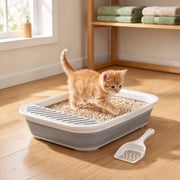 Foldable Cat Litter Box with Scoop, Collapsible Travel Toilet for Small Cats, Low Entry Anti-Splash Pan, Gray, 17.7 x 13.4 x 5 in