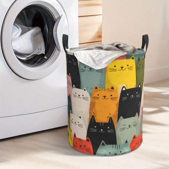 Foldable Cat Print Laundry Hamper: Portable Oxford Cloth Basket with Sturdy Handle for Easy Storage