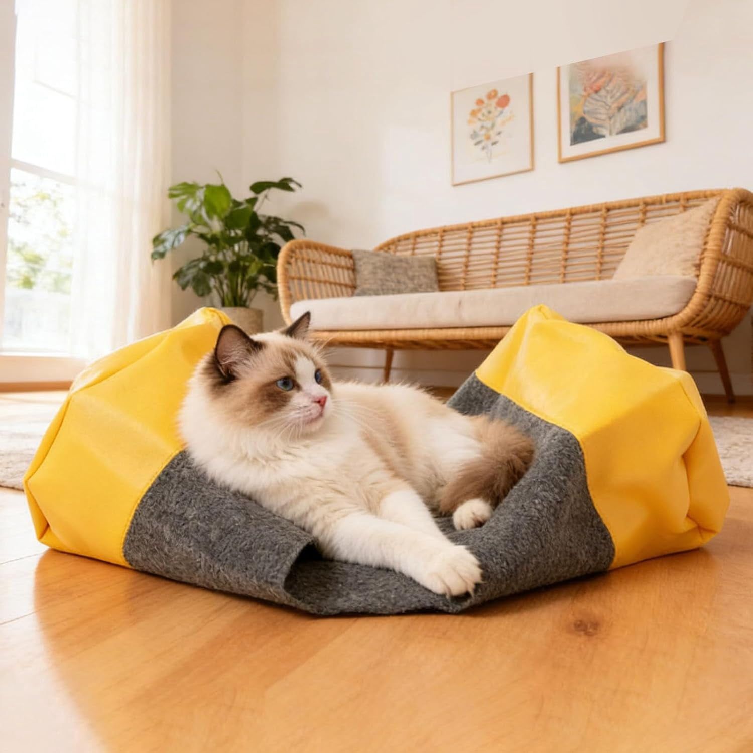 Foldable Cat Tunnel Bag, Interactive Pet Play Mat & Activity Center, Polyester & Leather Fabric Cat Toy with Storage for Indoor Cats (Yellow)