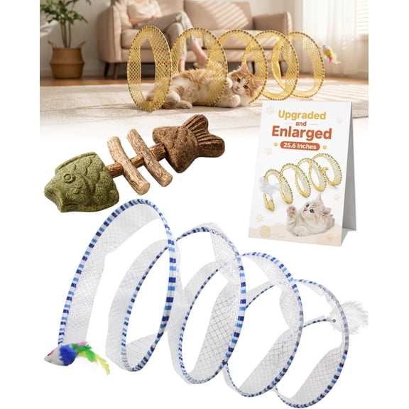 Foldable Cat Tunnel with Memory Steel Pet Kitten Bird Toy Spiral Spring Coil Tube Collapsible Large Felt Mesh Bell Feather Endless Interactive Fun Self Hunting Indoor Outdoor Outside Play Way(Blue)