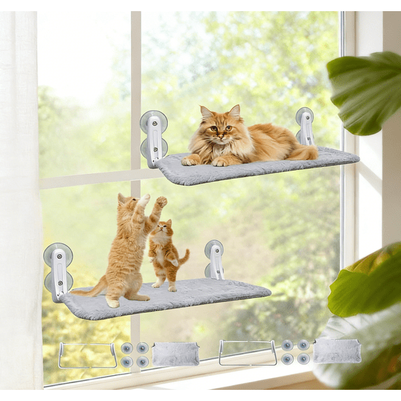 L&W BROS. 2Pc Foldable Cat Window Hammock with 4 Strong Suction Cups, Easy to Install, 24" Window Seat for Large or Multiple Cats (L Gray )