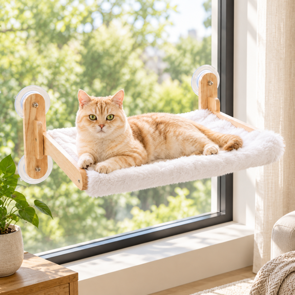 Foldable Cat Window Perch Hammock Bed with Wood Frame for Indoor Cats
