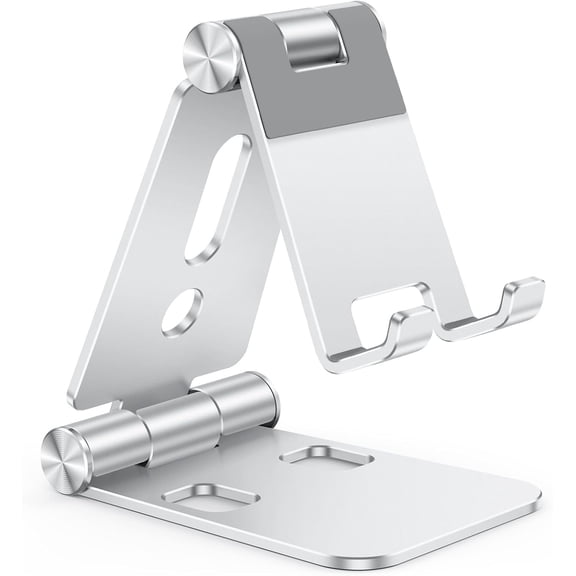 Foldable Cell Phone Stand, C4 Portable Aluminum Phone Holder, Adjustable Phone Dock Cradle for iPhone 17/16/15 Pro Max Air, Small Tablets, Smart Phones, Women Men Gift for Fathers Day, Silver