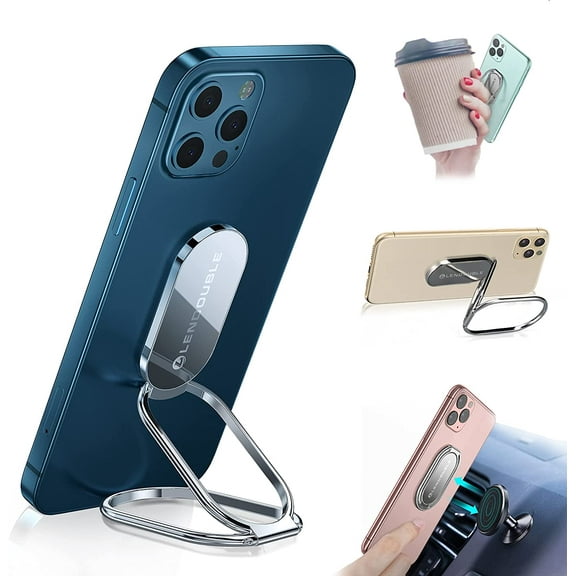 Foldable Cell Phone Stand for Desk, Adjustable Cellphone Ring Holder Finger Kickstand for Office Desktop & Magnetic Car Mount, Rotatable Multi-Angle Hand Grip for iPhone 16 15 Smartphones Back Case