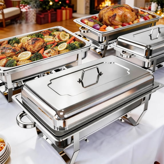 BAOKALER 4 Pack 9QT Foldable Chafing Dish Buffet Set, Stainless Steel Rectangular Food Warmer, Silver Catering Server for Party Banquet Home Use