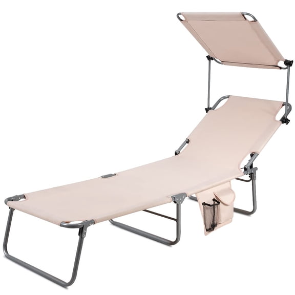 Foldable Chaise Lounge Chair with 360 Canopy, Adjustable Reclining Backrest, Lightweight Beach Chair for Pool Beach Backyard, Oxford Fabric & Steel Frame, Beige