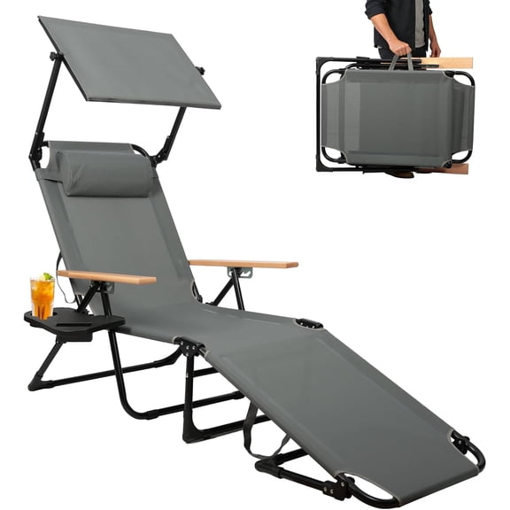 Foldable Chaise Lounge Chair Outdoor, 4-Position Reclining Outdoor Lounge Chairs with Wooden Armrest, Folding Sun Lounger with Removable Pillow for Garden Beach Patio Camp (Gray with Canopy)