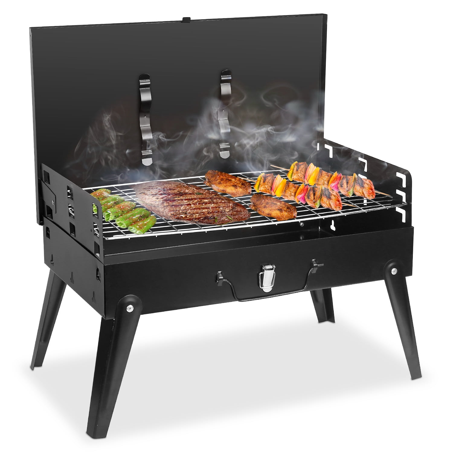 Foldable Charcoal BBQ Grill, 3 Adjustable Height Outdoor Barbecue Rack with Wind Shield & Tool Storage, for Camping Picnic Backyard Party Cooking