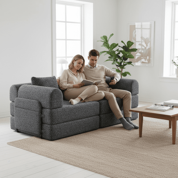 Foldable Chenille Sofa Bed – 2 Person Pull Out Sleeper Couch with Storage Pockets, Convertible Guest Bed, Space-Saving Modern Foam Sofa for Living Room or Bedroom