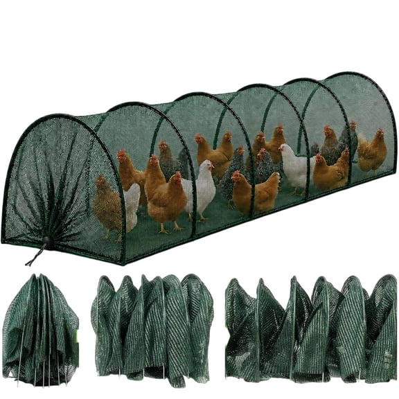 Foldable Chicken Run for Outside, 118 Inch Portable Steel Frame Chicken Coop Tunnel with Shade Net and 12 U Shaped Ground Stakes, Outdoor Backyard Yard Poultry Habitat Cage for Chickens Ducks Rabbits