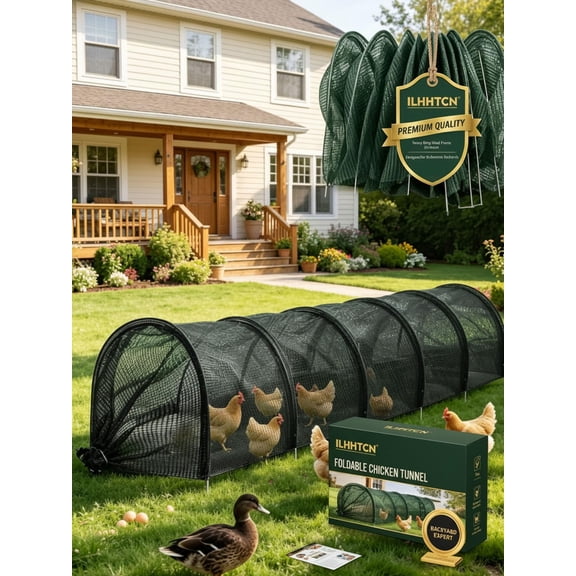 Foldable Chicken Tunnel for Yard, Portable Chicken Run for Outside with Shade Net, No Assembly Instant Setup Poultry Coop Playpen, Extra Long Flexible Metal Hen Run Enclosure(A)