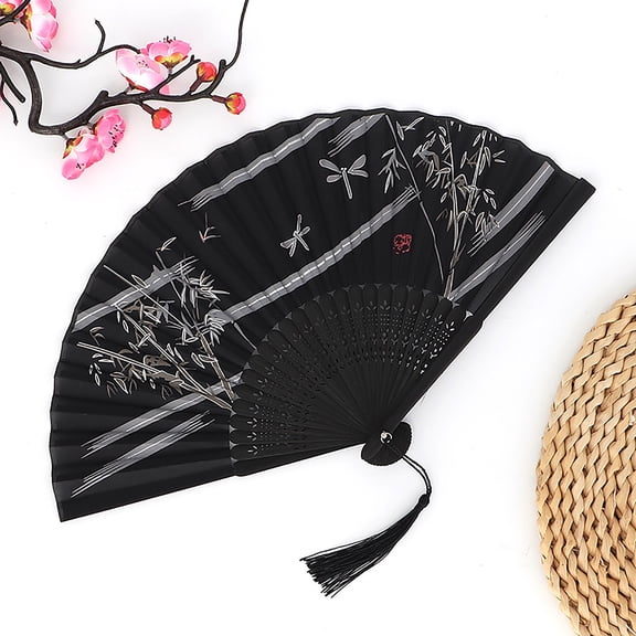 Foldable Chinese Vintage Bamboo Silk Fan For Hot Flash, Church, Edm, Music Festival, Party, Dance, Performance, Decoration 8.3" Gradient Black Bamboo Leaves Dragonfly