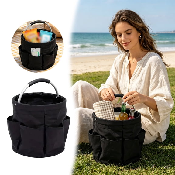 Foldable Cleaning Caddy with Handle and 6 Pockets - 17L Portable Storage Basket in 600D Oxford Fabric, Multi Purpose Organizer for Home Garden Bathroom Camping, Gardening and Travel Tote