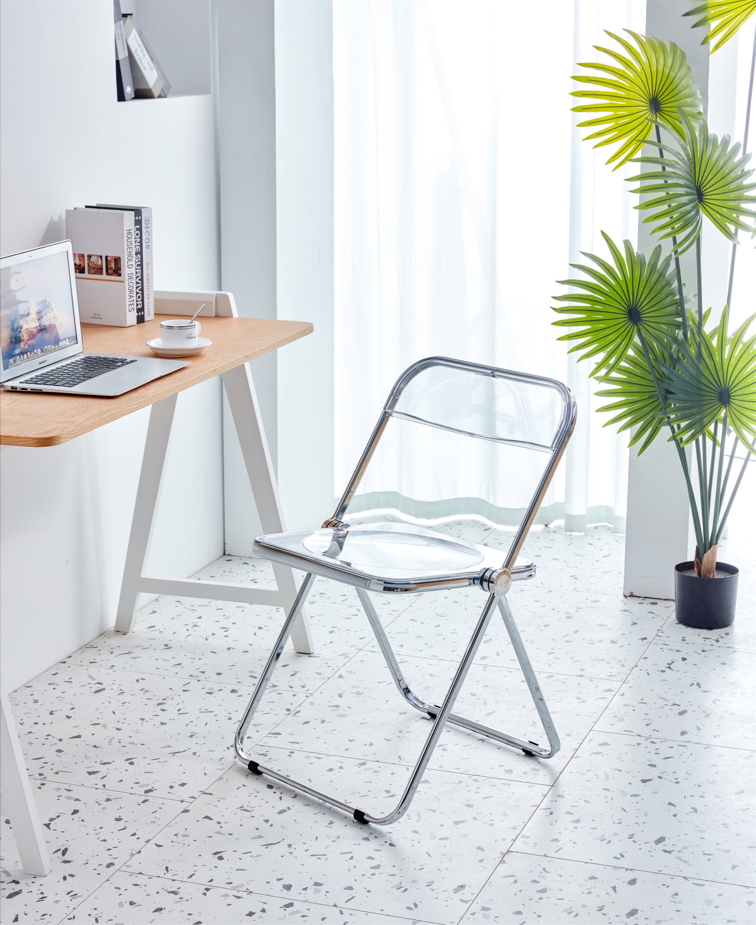 Foldable Clear Acrylic Chair Set of 2 Ghost Stackable Crystal Folding Chair with Chrome Frame Clear Plastic Folding Dining Chairs for Outside