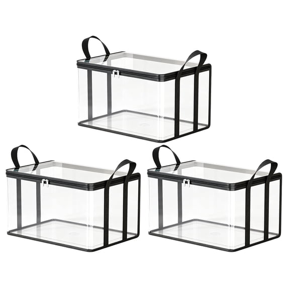 Foldable Clear PVC Storage Bin, See-Through Organizer Box with Zipper Lid and Carry Handles for Clothes, Toys, Linens and Under Bed Closet Storage-M/3PCS