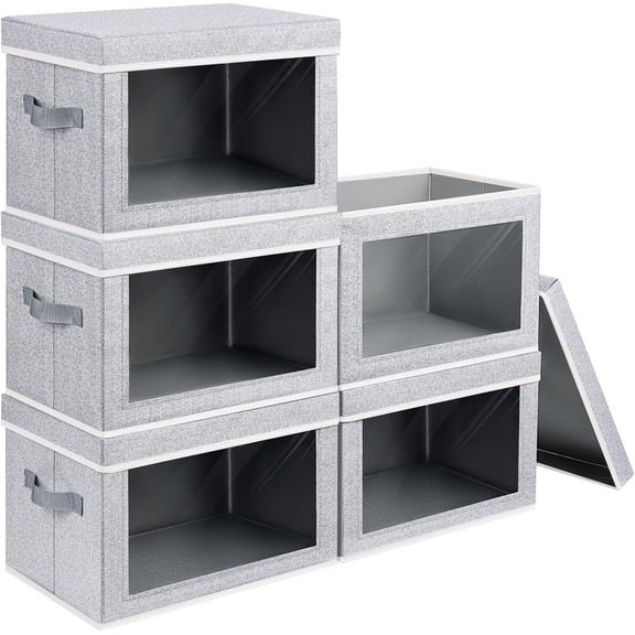 Foldable Clear Window Storage Box with Lid 5 Pack Large Decorative Storage Bin with Handles Light Grey