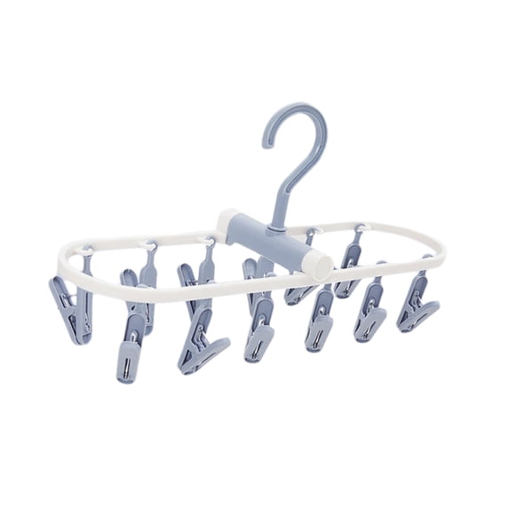 Foldable Clip Hangers with 12 Drying Clips, Plastic Underwear Hanger with Clips, Laundry Drip Drying Hanger for Socks, Bras, Lingerie,Blue