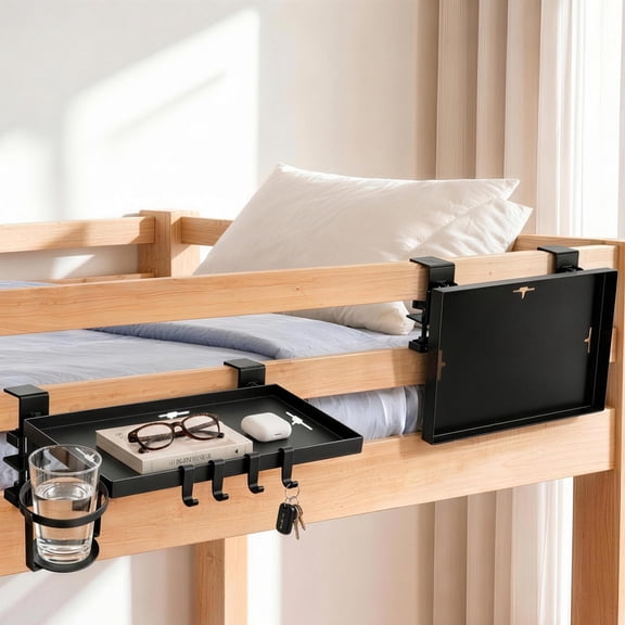 Foldable Clip-on Bedside Tray Table with Cup Holder and Hooks