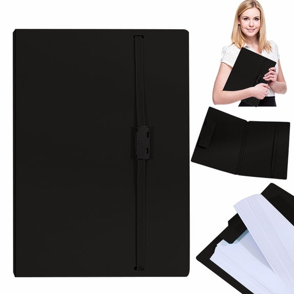 Foldable Clipboard Folder with Strap, 360 Degree Document Organizer with Sturdy Clip and Privacy Cover, Portable Writing Board for Office, study, and Business, Lightweight Pp Plastic A5 Size, Black
