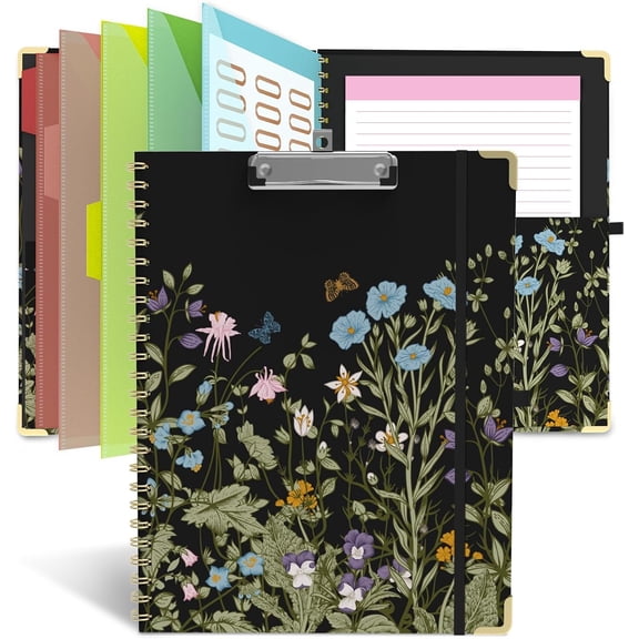 Foldable Clipboard Folio with Storage, 5 Plastic Folders with 10 Pockets,Refillable Lined Notepad (11" x 8.5"), Hardcover Project Organizer Teacher School Essentials (Butterfly )