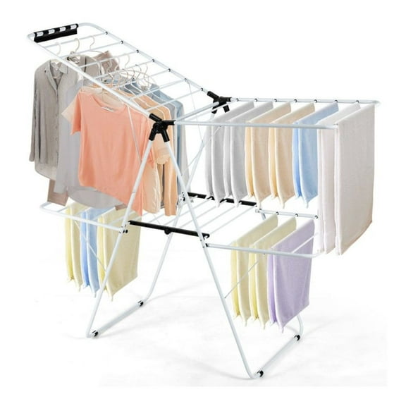 Foldable Clothes Drying Rack, 2-Level Adjustable Gullwing Laundry Rack - Heavy Duty Steel Indoor Outdoor Clothes Dryer for Laundry Room, Bedroom, 80lbs Capacity