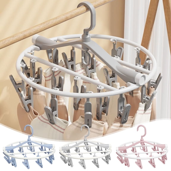 Foldable Clothes Drying Rack | 20 Rotating Non-Slip Clips | Portable Laundry Hanger for Underwear, Socks, Towels | Indoor Outdoor Plastic | 12.8x12.8in | Pink, Blue, Gray