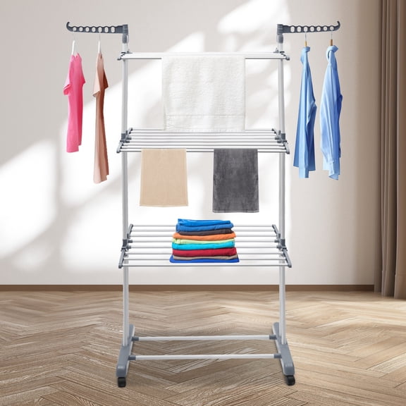 Foldable Clothes Drying Rack, 4 Tier Metal Clothes Rail with Wheels 7 Windproof Hooks Clothes Horses Rack Laundry Garment Dryer Stand with 2 Side Wings Indoor, Outdoor, Bedroom, Loft