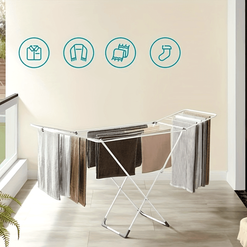 Foldable Clothes Drying Rack, Metal Laundry Drying Rack, Foldable, Space-Saving, Free-Standing Airer, with Gullwings, Indoor Outdoor Use, Bed Linen Clothing (White)