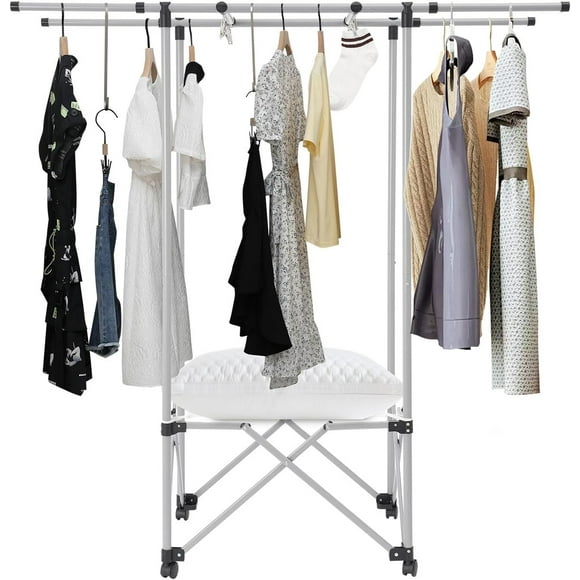 Foldable Clothes Drying Rack, Portable Large Drying Rack with Net Bag for Indoor and Outdoor, Space-Saving (Silver Upgraded Style: with Net Bag + Universal Wheels + Socks Clips)