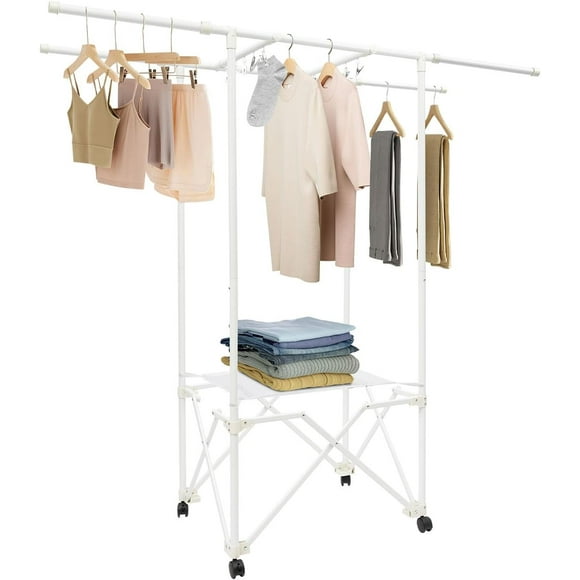 Foldable Clothes Drying Rack, Portable Large Drying Rack with Net Bag for Indoor and Outdoor, Space-Saving (White Upgraded Style: with Net Bag + Universal Wheels + Socks Clips)