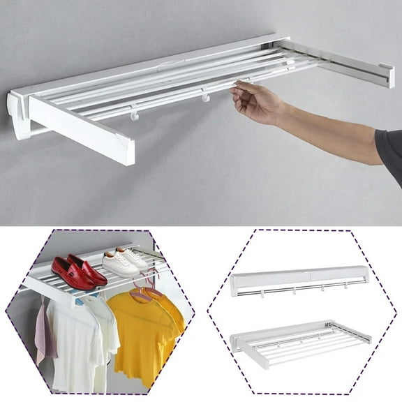 Foldable Clothes Drying Rack, Wall Mounted Collapsible Clothes Hanger with 4 Hooks for Laundry Room and Bathroom White ABS