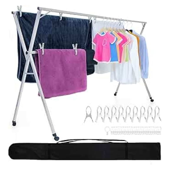 Foldable Clothes Drying Rack w Wheels - 95-Inch Spacious Hanger for Clothes Rolling Rack, 20 Windproof Clips, 10 Large Pegs, & More, Laundry Drying Racks for Indoor/Outdoor Use