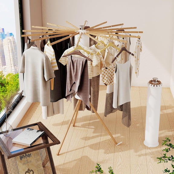 Foldable Clothes Drying Rack with 16 Wood Poles, Sturdy Tripod Laundry Stand for Indoor Outdoor Use