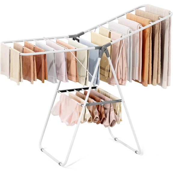 Foldable Clothes Drying Rack with Adjustable Gullwings, 2-Tier Metal Rod Design for Indoor Outdoor Use, Gray, 2 Wings