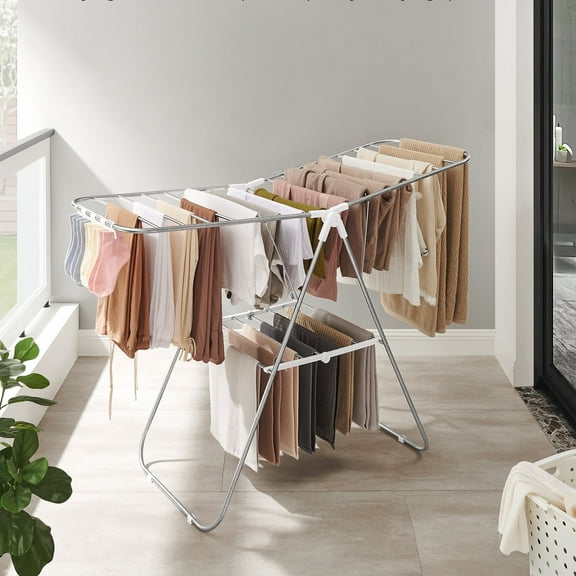 Foldable Clothes Drying Rack with Sock Clips Laundry Drying Rack with Height-Adjustable Gullwings Silver and White