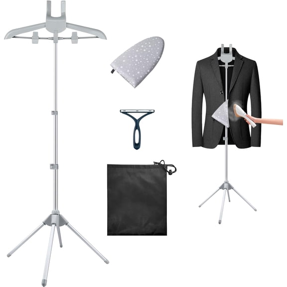 Foldable Clothes Steamer Hanger Stand with Ironing Gloves, Adjustable Garment Steamer Rack Included Lint Remover Storage Bag 2 Clips for Suits Shirts Coats Portable Travel Home Use