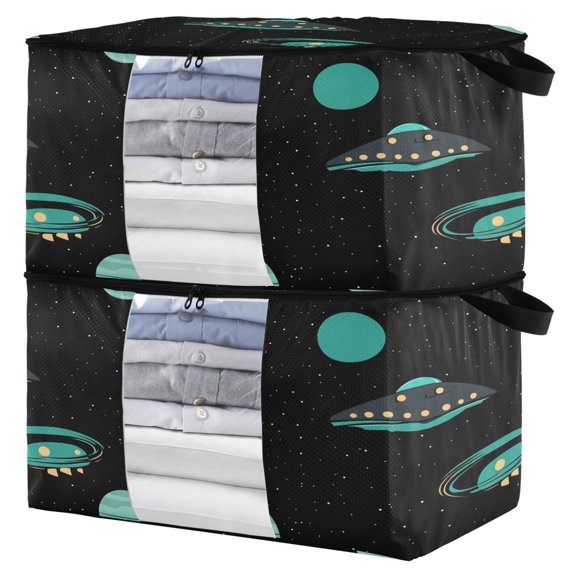 Foldable Clothes Storage Bags Clothes Organizer Bin with Clear Windows for Clothes Bedding Alien Spaceship