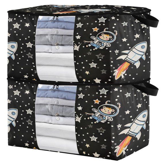 Foldable Clothes Storage Bags Clothes Organizer Bin with Clear Windows for Clothes Bedding An Astronaut and A Rocket