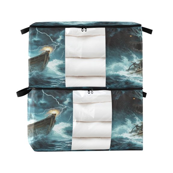 Foldable Clothes Storage Bags Clothes Organizer Bin with Clear Windows for Clothes Bedding Angry Sea Monster