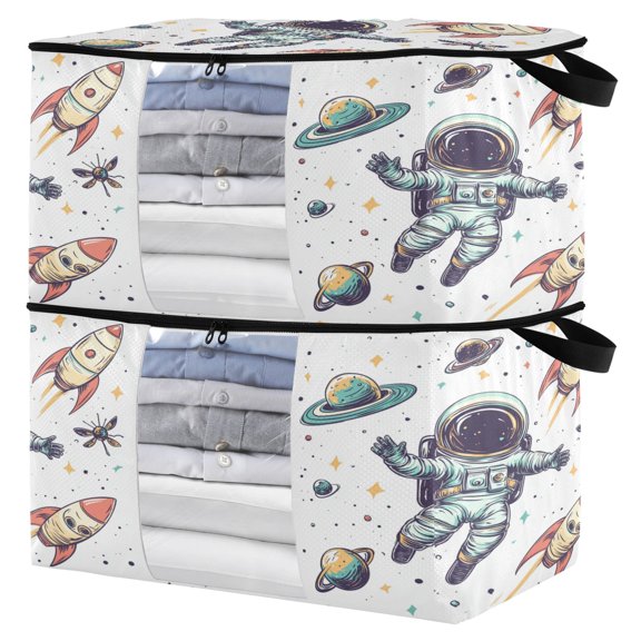 Foldable Clothes Storage Bags Clothes Organizer Bin with Clear Windows for Clothes Bedding Astronauts Floating Around The Rocket