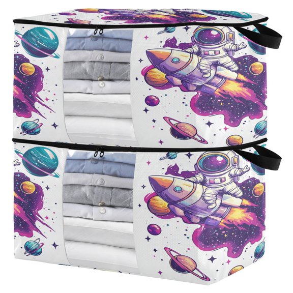 Foldable Clothes Storage Bags Clothes Organizer Bin with Clear Windows for Clothes Bedding Astronauts in Rockets