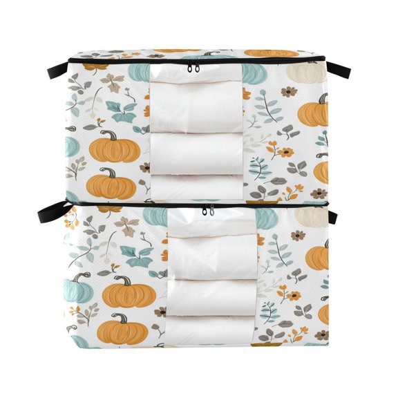 Foldable Clothes Storage Bags Clothes Organizer Bin with Clear Windows for Clothes Bedding Autumn Pumpkin Pattern
