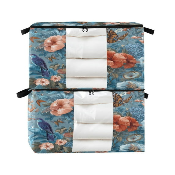 Foldable Clothes Storage Bags Clothes Organizer Bin with Clear Windows for Clothes Bedding Birds and Flowers