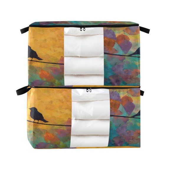 Foldable Clothes Storage Bags Clothes Organizer Bin with Clear Windows for Clothes Bedding Birds on A Wire
