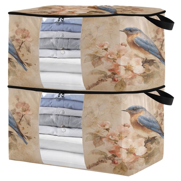 Foldable Clothes Storage Bags Clothes Organizer Bin with Clear Windows for Clothes Bedding Bluebird and Ancient Flowers