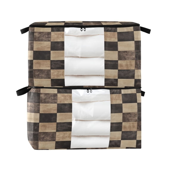 Foldable Clothes Storage Bags Clothes Organizer Bin with Clear Windows for Clothes Bedding Brown and Black Tartan
